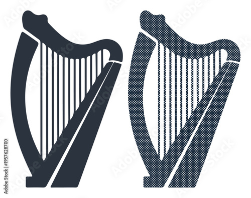Elegant harp outlines, one solid and one textured, representing musical artistry