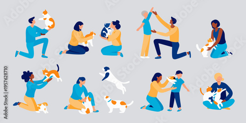 Diverse people interacting with cats in a colorful isometric illustration