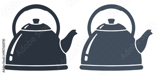 Two dark blue kettles side by side on a white background