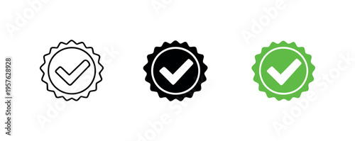 Success metaphor conveyed through a circular approval seal with check shape inside, same silhouette echoed in a horizontal trio,
