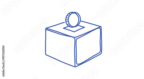 A simple blue line drawing depicts a donation box with a coin falling inside high quality