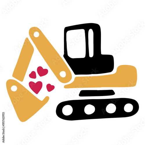 Construction backhoe carrying hearts