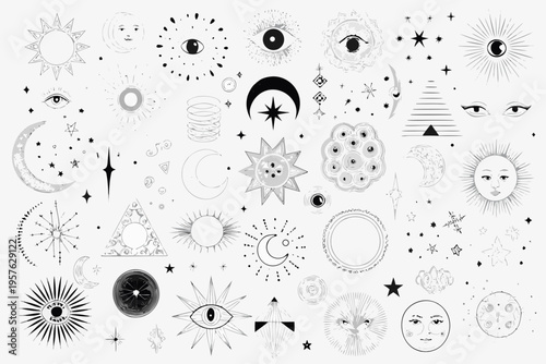 Celestial collection of suns moons eyes and stars in a whimsical style