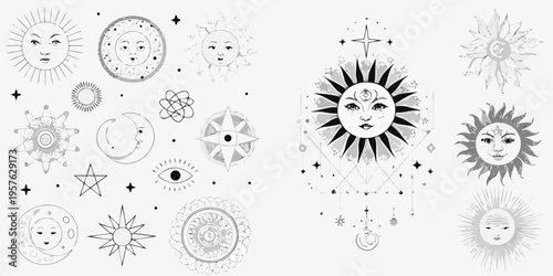 Celestial faces and symbols an artistic black and white illustration