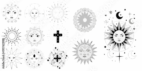 Celestial collection of suns moons and faces with mystical symbols