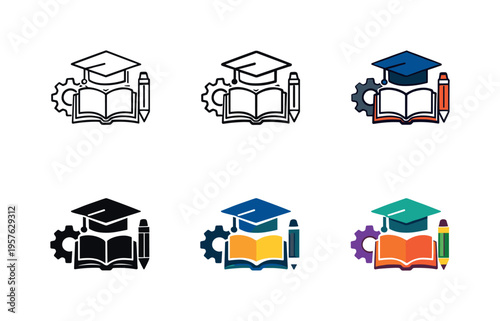Competency Skill Grid. Competency building icon showing a stylized graduation cap, book, pencil, and gear representing skill