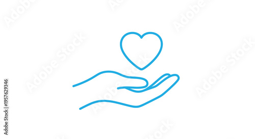 A blue line drawing depicts a hand gently holding a heart symbol above it high quality