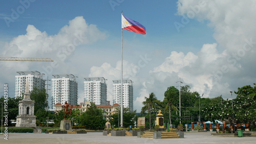 Принти на полотні Flag Philippines Lapu-Lapu shrine monument on Mactan Island in Cebu Datu, local hero defeated Spanish colonizers led by Ferdinand Magellan