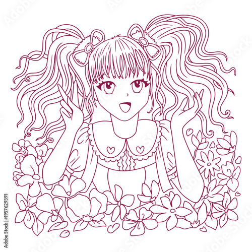 Pink drawing of a girl with long hair and flowers