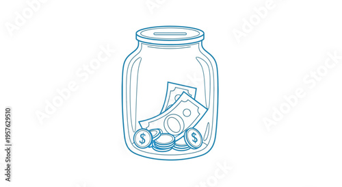 A simple line drawing depicts a glass jar partially filled with money and coins high quality