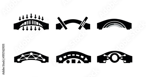 Solid style icons of stress distribution in bone-like bridges: pressure-flow map, tension–compression bars, gradient stress arcs,
