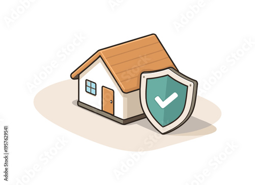 Calm home insurance concept with house model and shield slightly angled for balance shown from above, arranged in the right third