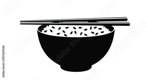 Simple black bowl of white rice with chopsticks on top isolated on white background, minimalist food illustration for culinary or Asian concept