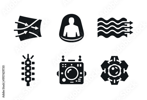 Solid vector icons of advanced optical cloaking modules: refractive bending plate, cloaking envelope, modulated wave layer;
