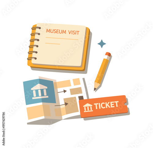 Minimal museum visit planning concept with notebook map ticket and pencil loosely arranged seen from a top-down angle, offset to