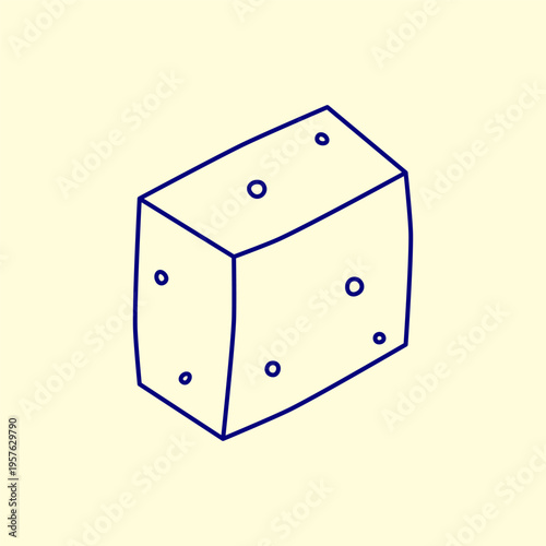 Hand drawn rectangle cheese piece with small holes in line art Mediterranean style isolated on pastel background. Simple doodle outline edam. Calcium and protein source. Natural farm product.