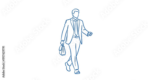 A simple blue line drawing depicts a businessman walking with a briefcase high quality professional detailed