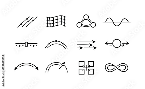 Line style vector icons of personalization: phase stripe, transition mesh, sync node, wave contour, timing bar, variation arc,
