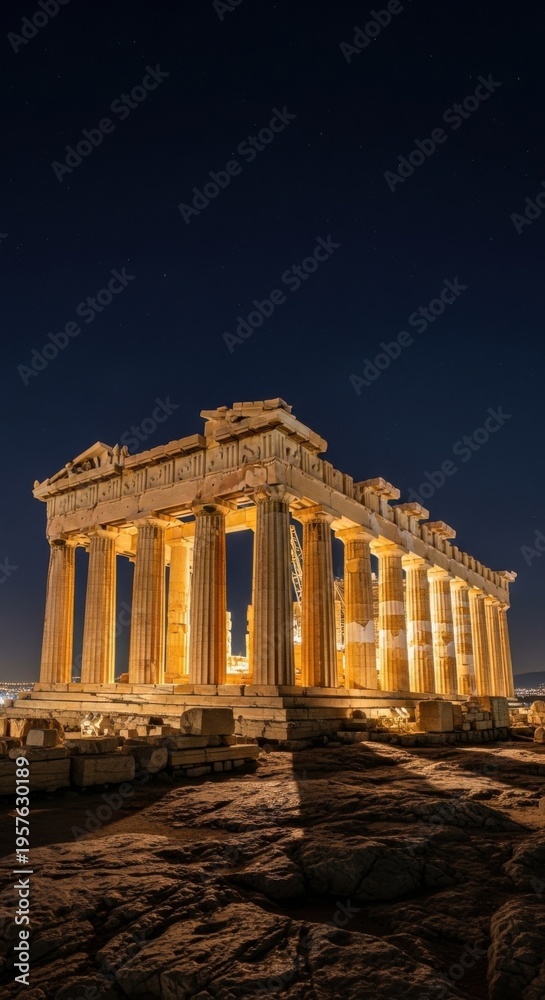 Naklejka premium Ancient Acropolis Majesty Illuminated Under The Night Sky Architectural Wonder