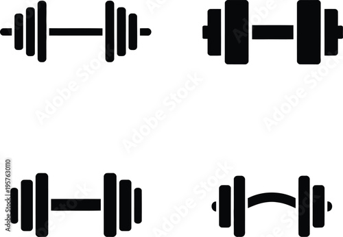 Four different variations of traditional barbell designs for weightlifting exercises