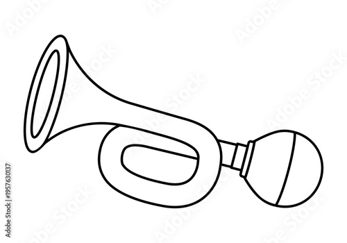 Hand drawn cute outline illustration of horn with bulb. Flat vector attention loud honk line art doodle. Warning vintage vehicle signal icon. Alert noise. Announce message sound. Isolated.