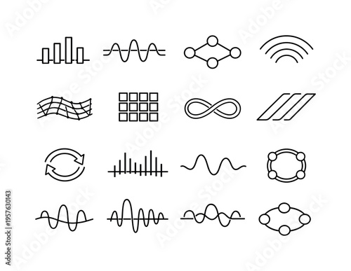 Line style vector icons of cloud computing application services: wave bar, resonance band, feedback node, signal arc, modulation