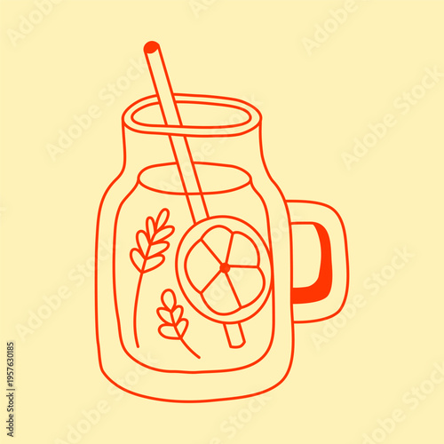 Cute doodle outline detox water with orange and lavender in glass with straw isolated on pastel background. Hand drawn summer drink in line art Mediterranean style. Fresh fruity beverage or juice.