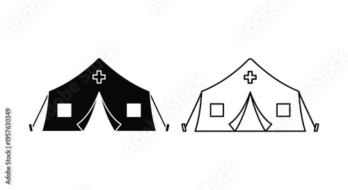 Two medical tents one black and one white displayed as a striking silhouette