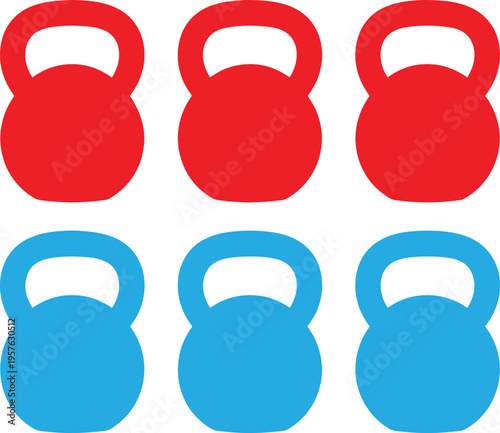 Set of six kettlebells arranged in two distinct colors for fitness exercises