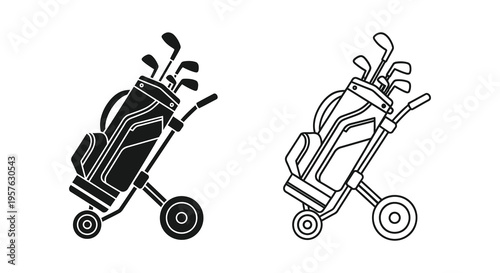 Golf bag with clubs and stand depicted in a minimal black silhouette
