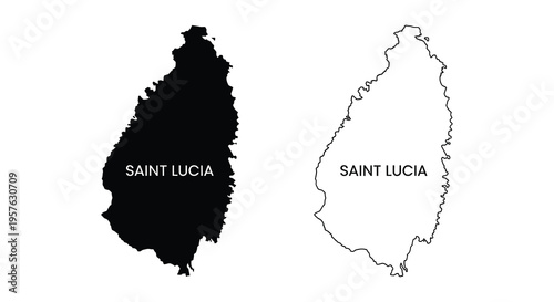 Saint lucia map in black and white showing outline and filled silhouette