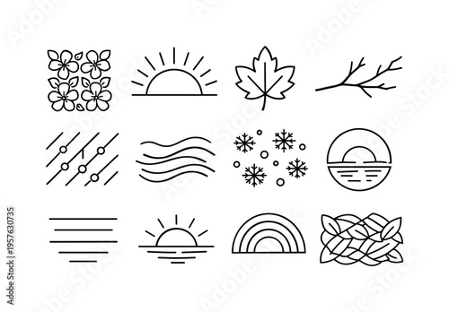 Seasonal Vector Icons. Line style vector icons of seasonal moods: spring bloom tile, summer sun arc, autumn leaf line, winter