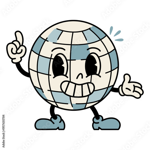 Cartoon mirrorball with a smiley face and a thumbs up