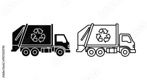 Two garbage trucks depicted in a minimalist black style silhouette