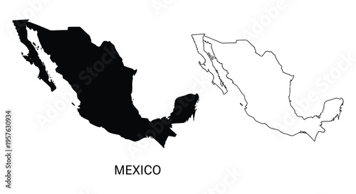 Mexico map illustration showing filled and outline versions a stark silhouette
