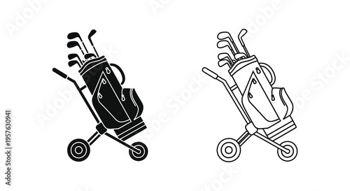 Two black golf bag and trolley illustrations a distinct silhouette