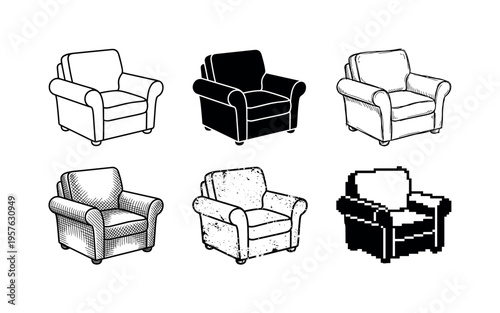 Collection of six different armchair illustrations in various artistic styles and formats