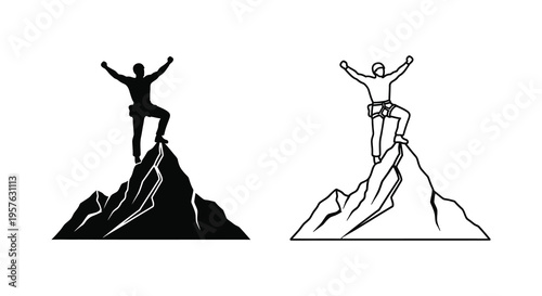 A triumphant climber reaching the peak shown in contrasting styles silhouette