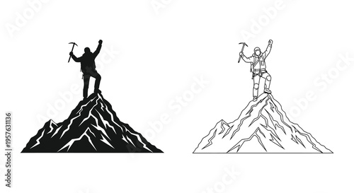 Mountaineer celebrating victory on a peak detailed black and white silhouette
