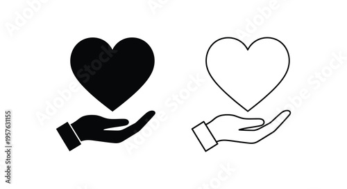 Two heart icons held in hands one filled and one outlined silhouette