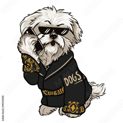 White dog in a suit talking on the phone