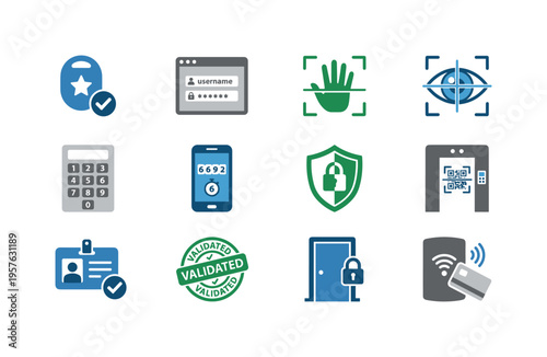 Virtual access token icon, sign in dashboard panel, biometric palm scanner, retina ID recognition mark, numeric passcode interface