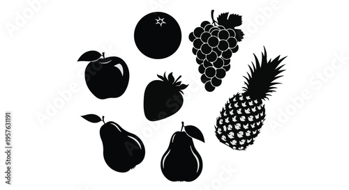 Fresh fruit icons set with black silhouettes of pineapple, grapes, pear, apple, and berries on white background for healthy eating and nutrition concept