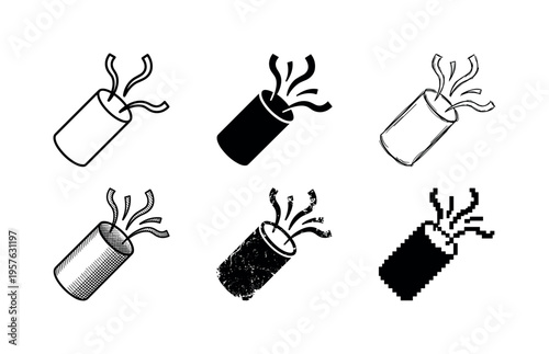 Collection of six confetti popper icons in various artistic styles for celebrations