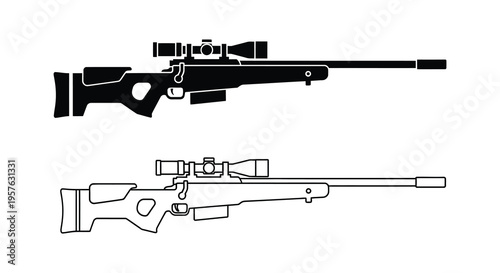 Detailed illustration of a sniper rifle in two styles a dark silhouette