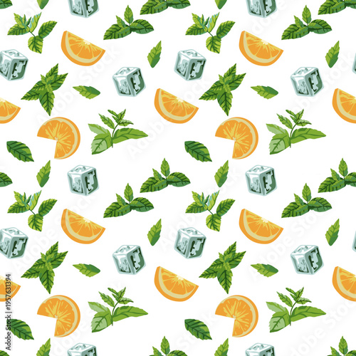Seamless vector pattern with fresh mint leaves, juicy orange slices, and ice cubes arranged on a light background. The composition combines vibrant citrus tones with cool green shades, creating a clea