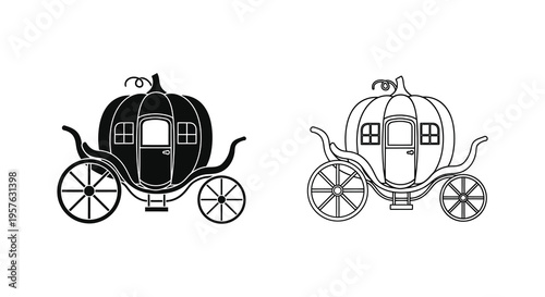 Two pumpkin carriage illustrations one solid and one outlined in black and white silhouette