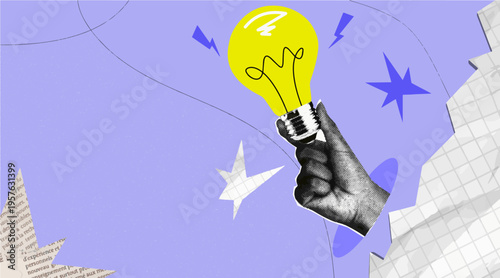 Vintage style background with hand holding light bulb representing idea, inspiration and innovation. Creative thinking, brainstorming and business solution concept.