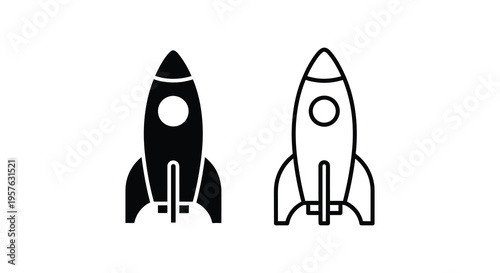 Two rocket ship icons a filled and outlined version in black and white silhouette