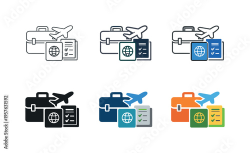 Travel essentials: suitcase, passport, boarding pass, and airplane icon for journey planning